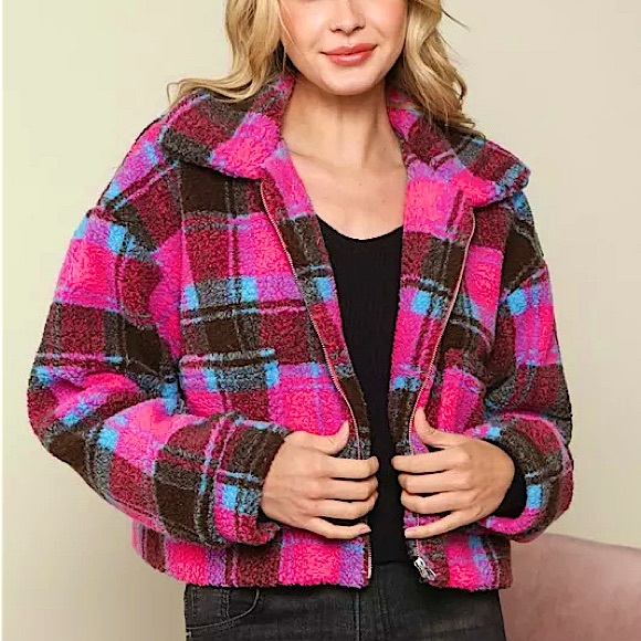 ☃️BOGO50%☃️ 🆕🩷PEACH LOVE CALIFORNIA: Plaid Sherpa Jacket LARGE •SEE VIDEO• - Picture 1 of 7